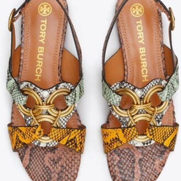 Tory Burch Gold and Multicolor Snake Sandals - Picture 1 of 16